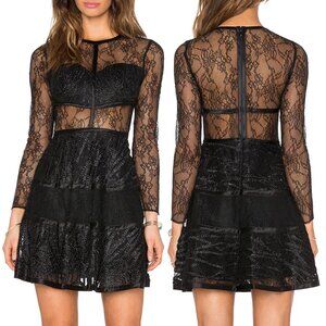 NEW Alexis Adal Dress S Black Sheer Lace Inset Fit & Flared Skater Textured $715